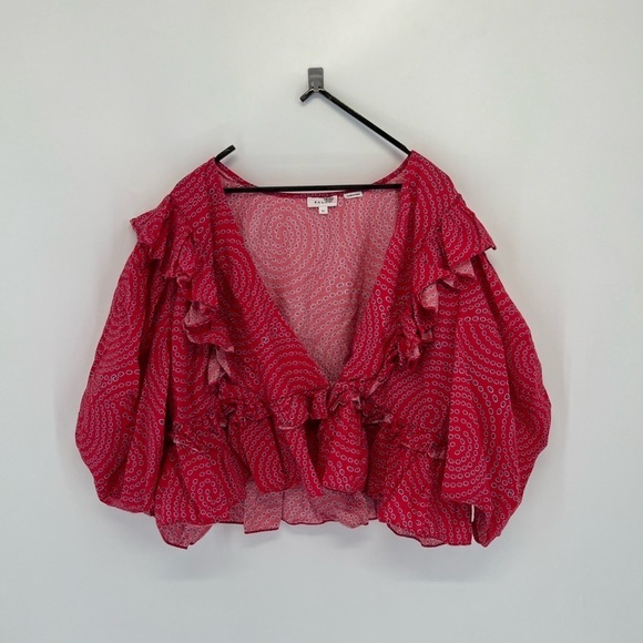 Rhode Voluminous Puff Sleeve Ruffled Retro Print Elodie Top In Red Trail - Picture 1 of 8